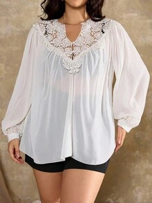 Roveilla 大码女式法式蕾丝花边雪纺衬衫 - 杏色 - 查看 3