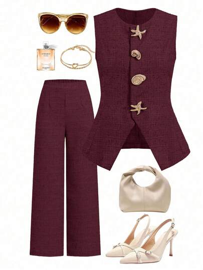 Ellevyn Plus Size Elegant Sleeveless Shirt With Metal Buckle, Suitable For Commuting