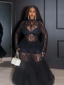 Veslaya 2025 秋冬大码女装，Y2K 街头潮流，斯德哥尔摩风格，约会之夜/派对装，优雅性感透视修身黑色蕾丝立领长袖拉链拼接鱼尾长裙 - 黑色 - 查看 2