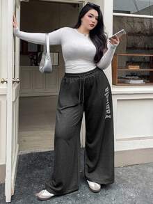 Dazy Plus Letter Print Washed Distressed Loose Streetwear Style Plus Size Women Long Jeans, All Season Jogging Pants Sweatpants Women Joggers - Black - View 7
