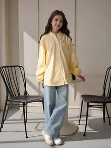 青少年女孩竖条纹印花纽扣领长袖口袋衬衫，适合秋季度假、假日、夏季、旅行休闲