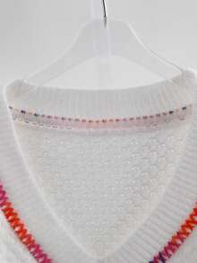 SHEIN Clasi Regalyn Plus Size Women V-Neck Contrast Color Casual Pullover  Sweater,Autumn/Winter - White - View 5