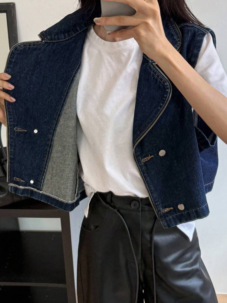 Women's Turndown Collar Sleeveless Short Denim Vest, Casual Street Style Denim Jacket
