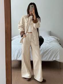 DAZY Ensemble en jean décontracté pour femmes avec veste en jean ample à poches et jeans droits