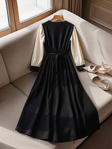 GlowEve CURVE 大码女式 V 领黑色纯色金属纽扣拼接杏色长袖金属扣腰带通勤休闲优雅 A 字连衣裙，秋冬