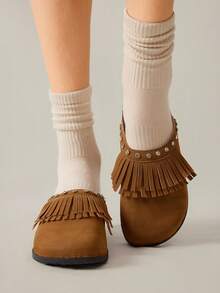 Solecia Zapatos planos cómodos con puntera redonda, borlas y pedrería completa, con doble hebilla para mujer, versátiles para uso diario, fiesta y commute - Camel - Ver 10