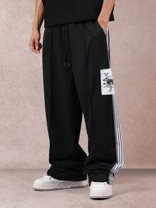 SUMWON Wide Leg Track Pants With Striped Side Panel Logo Patch Drawstring Waist Relaxed Fit Casual Streetwear Festival Winter Autumn - Black - View 1