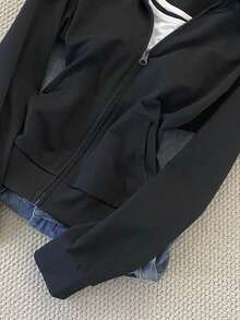 SHEIN 女式纯色长袖前拉链休闲连帽夹克 - 黑色 - 查看 6