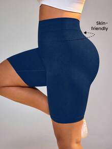 SHEIN Rhythm Era 大码高腰纯色修身运动短裤 - 藏蓝色 - 查看 4