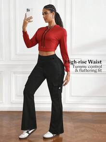 SHEIN Unity 女式休闲百搭纯色喇叭工装牛仔裤 - 黑色 - 查看 7