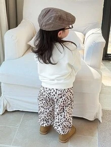 DAZY 2 件套女婴圆领蝴蝶结装饰韩版卫衣和豹纹印花套装秋冬 - 杏色 - 查看 2