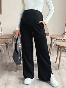 SHEIN Pantaloni sport largi pentru maternitate, culoare solidă, cu talie reglabilă, cu picior larg