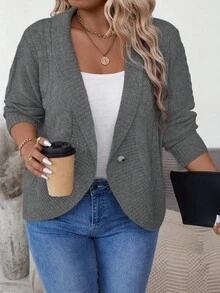 SHEIN Plus Size Women Solid Color Long Sleeve Shawl Collar Casual Knit Cardigan, Autumn