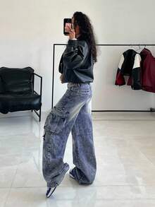 StreetHx Women's Casual Washed Wide Leg Cargo Jeans - Blue - View 8