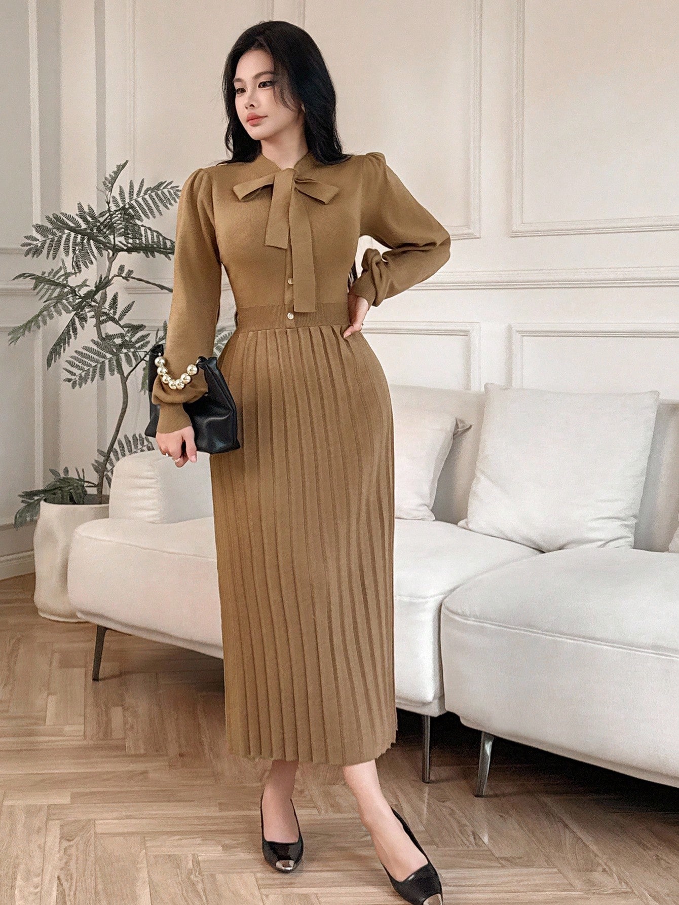 DAZY فستان كنزة صوفية أنيق بلون أحادي مع ربطة، خري...