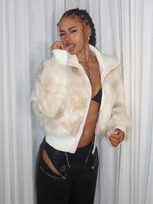 Y2K Amplova White Women Versatile High Collar, Long Sleeves, Slim Waist, Asymmetrical Long Hair Zip Up Fake Fur Coat Y2k Faux Fur Coat Faux Fur Jacket Y2k Jacket, Suitable For School And Daily Use In Fall/Winter - Beige - View 3