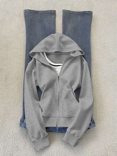 SHEIN Damen Einfarbige Kapuzen Lässig Reißverschluss Jacke