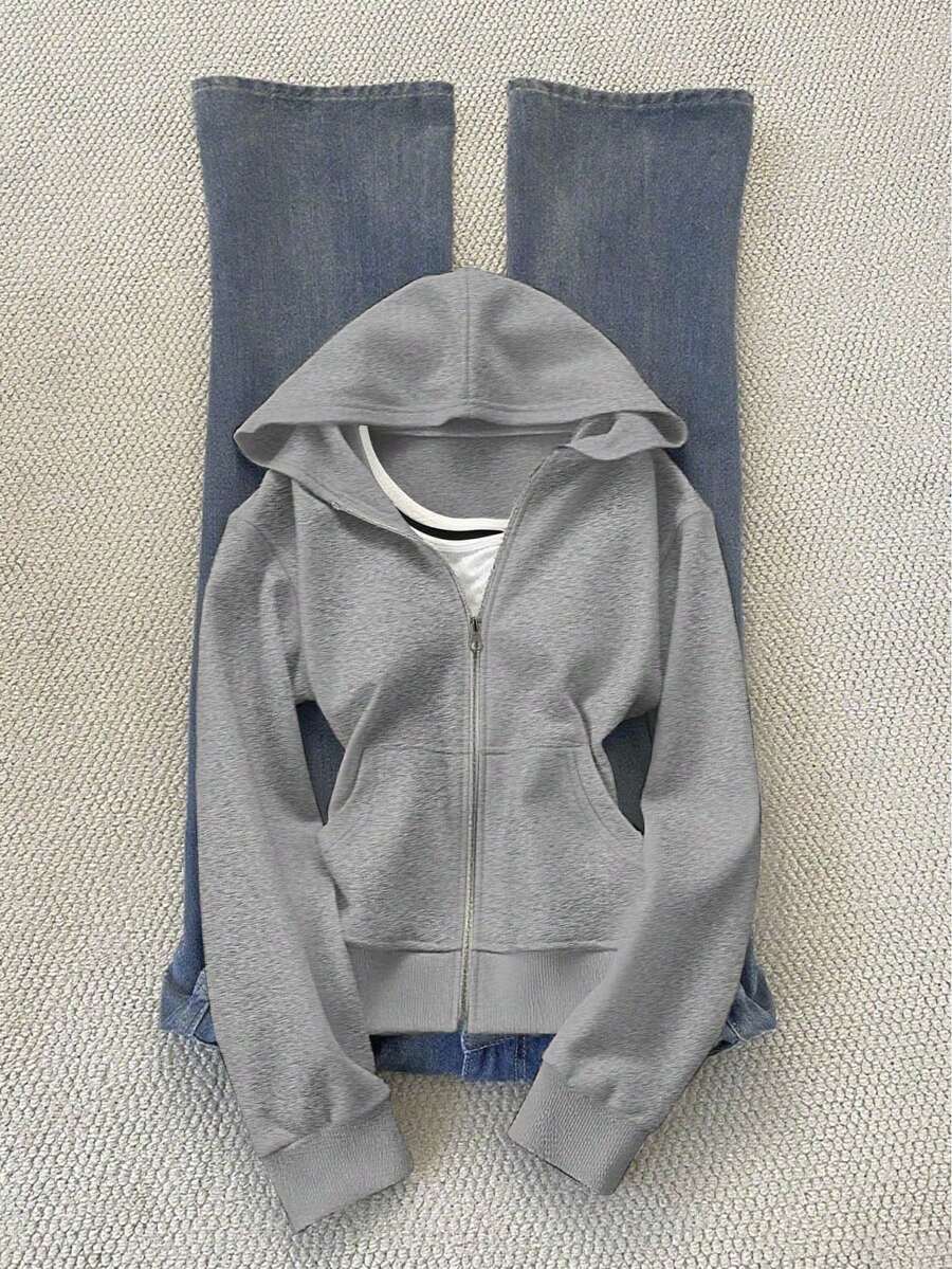 INAWLY 女式纯色连帽休闲拉链连帽夹克