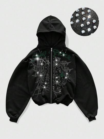 Goth Sudadera con capucha casual de hombre con cremallera, cuello con rhinestones y estampado de letras, para otoño