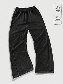 ROMWE MEN Men's Drawstring Waist Pockets Wide Leg Loose Casual Sweatpants - Black - View 2
