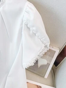 GlowEve CURVE Women's Elegant Casual Solid Color Lace Patchwork Ruffle Collar Flared Sleeve Blouse - White - View 4