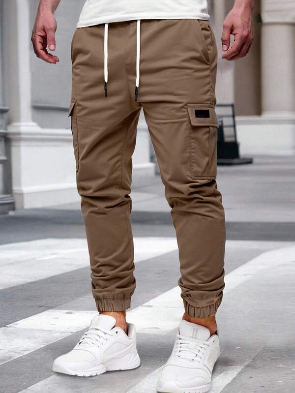 Manfinity Homme Pantalones cargo casuales con cordón en la cintura para hombres, pantalones cargo jogger color marrón, pantalones cargo color caqui, pantalones casuales, joggers color caqui para hombres, para el otoño