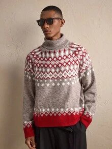 AKNOTIC 全新男士高领宽松休闲毛衣，适合秋冬季节、圣诞节、新年等场合穿着，长袖上衣，尽显魅力 - 卡其色 - 查看 5