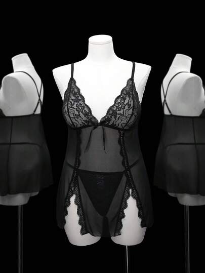 Seduluxe 2件套加大码性感蕾丝撞色网眼睡袍套装