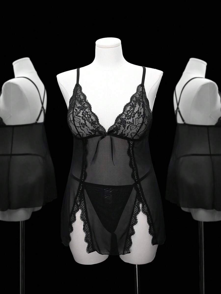Spicy Aura 2pcs Plus Size Sexy Lace Contrast Mesh Nightgown Set - Black - View 1