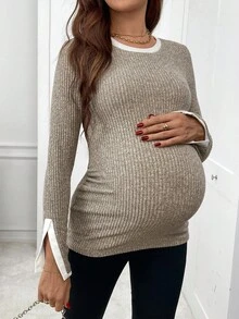 SHEIN 秋冬季休闲舒适修身孕妇圆领长袖T恤 孕妇装 孕妇衬衫 孕妇装 - 杏色 - 查看 5