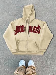 PAVTROS Manfinity Streetrush Men's Autumn Letter & Figure Print Zip-Up Drawstring Hoodie Sweatshirt - Khaki - View 2