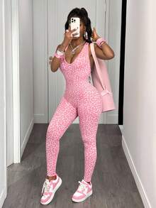 Slaydiva 1 件女式豹纹瑜伽短款连体裤 - 彩色 - 查看 7