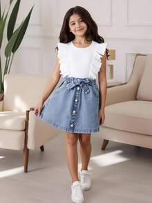 Tween Girl Fashionable Denim Skirt, Elegant & Comfortable Set, School, Campus, College Summer Holiday - White - View 4