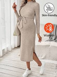 SHEIN Fall Clothes,Autumn Clothes,Maternity Autumn/Winter Clothes Maternity Casual Solid Color Drawstring Stand Collar Side Slit Knit Dress Maternity Dress Maternity Sweater Dress Ribbed Maternity Dress Maternity Lounge Dress Maternity Dresses Tie Waist Maternity Dress Long Sleeve Maternity Dress Maternity Fall Dress Ribbed Maternity Dresses Maternity Sweater Dresses Maternity Midi Dress - Apricot - View 1
