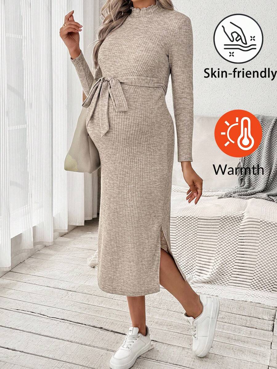 SHEIN Fall Clothes,Autumn Clothes,Maternity Autumn/Winter Clothes Maternity Casual Solid Color Drawstring Stand Collar Side Slit Knit Dress Maternity Dress Maternity Sweater Dress Ribbed Maternity Dress Maternity Lounge Dress Maternity Dresses Tie Waist Maternity Dress Long Sleeve Maternity Dress Maternity Fall Dress Ribbed Maternity Dresses Maternity Sweater Dresses Maternity Midi Dress - Apricot - View 1