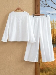 Rusticease Women's SPring White Textured Round Neck Single Breasted Decor Long Sleeve And Pants Plus Size Two Pieces Set - White - View 3