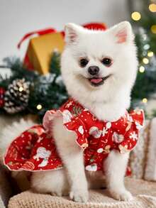 PETSIN 1 Cute Christmas Printed Red Dress Princess Dress Pet Bubble Sleeve Skirt