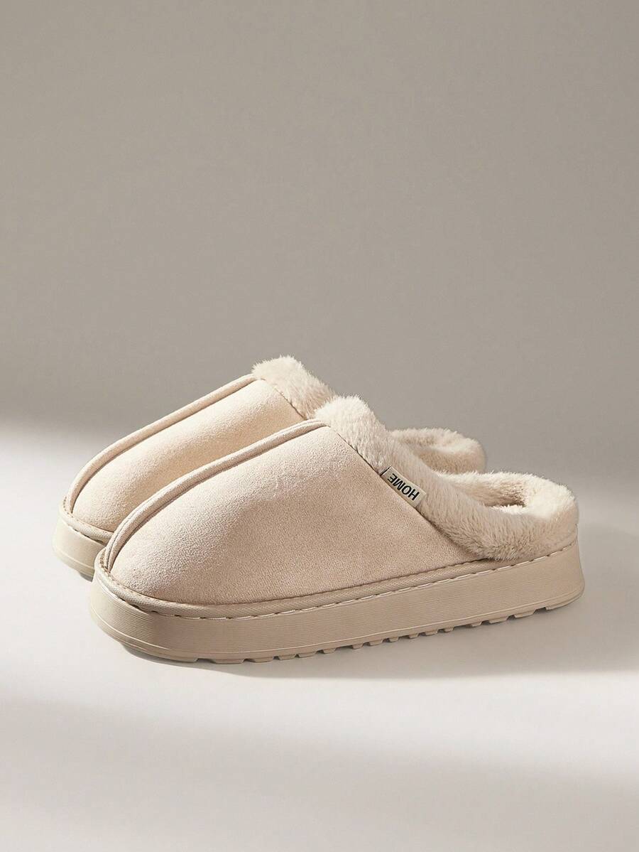 Solecia 女士厚底毛绒拖鞋，保暖毛绒衬里，防滑，适合室内/室外使用，冬季时尚休闲纯色家居鞋 - 米色 - 查看 1