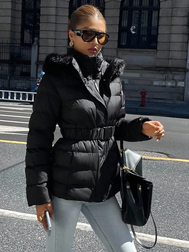 Women's Hooded Padded Coat With Fur Collar, Waist Cinched Winter Jacket