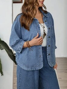 EMERY ROSE Plus Size Solid Color Casual Long Sleeve Denim Shirt,Travel, Commuting, Party, Vacation, Old Money Style, Shopping, Banquet, Elegant, Party, Date,Winter,Fall ,Autumn,Halloween,Christmas ,New Year,Thanksgiving, Party - Blue - View 5