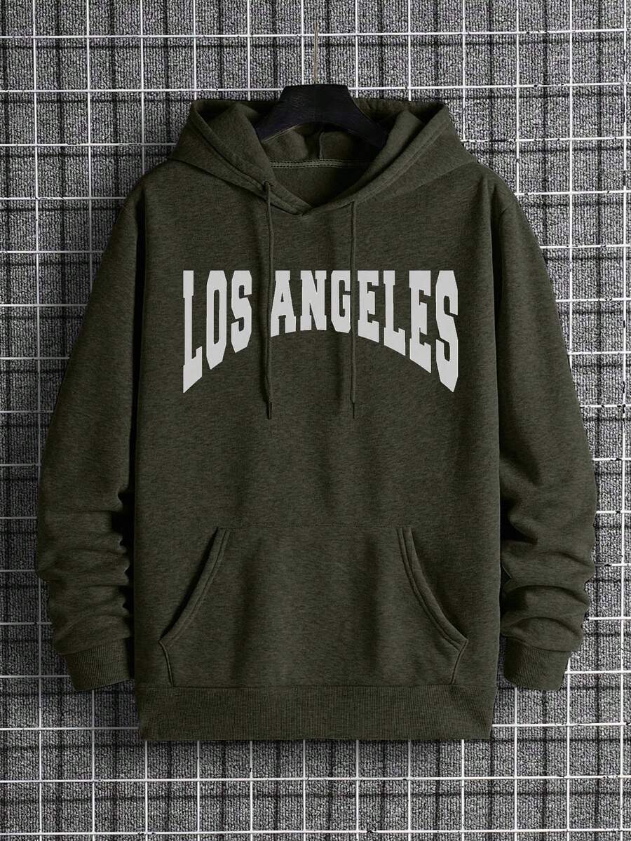 SHEIN Cottnline 100%Cotton Men Letter Graphic Pocket Drawstring Thermal Hoodie - Army Green - View 1