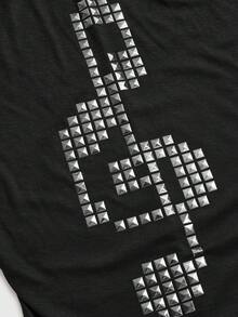 ROMWE Grunge Punk Spring/Summer Casual Black Graphic Punk Style Cross Rivet Off Shoulder Women Kpop Long Sleeve T-Shirt Top - Black - View 3