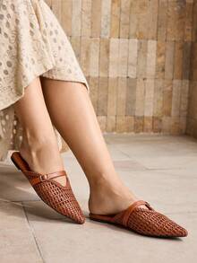 MOTF 女士新款法式时尚镂空编织带扣尖头平底鞋，百搭舒适，时尚轻便，简约高端优雅性感平底鞋 - 棕色 - 查看 7