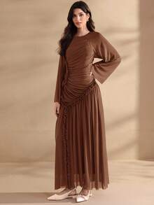 Graceveil Women's Extra Long Spring/Summer Mesh Knit Ruffle Hem Split Modest Elegant Charming Fashion Dress - Coffee Brown - View 7