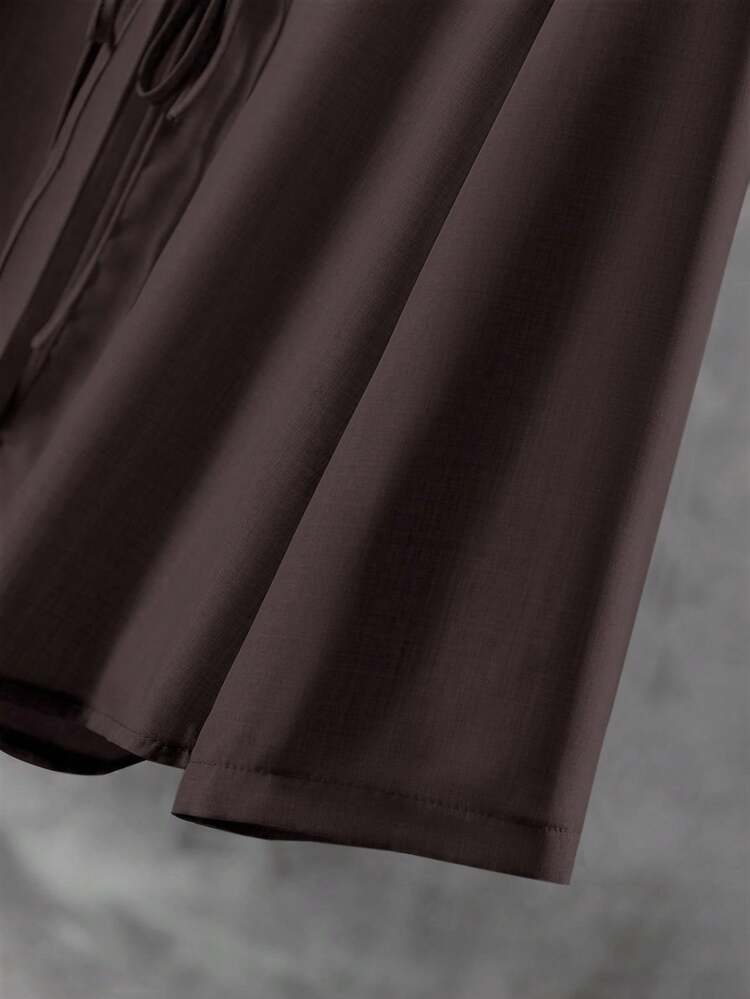 Linhara Plus Size Solid Color Minimalist Daily Tie-Up Long Sleeve Top And Pants 2 Pieces Set - Coffee Brown - View 4