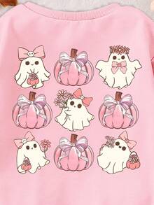 Halloween Baby Girl Casual Fashion Creative Tic-Tac-Toe Pumpkin, Bow, Ghost & Goblin Print Long Sleeve Bodysuit, Fall Clothes Winter - Pink - View 5