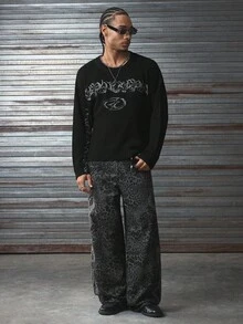 AXEPEAK Men's Casual Loose Fit Letter Pattern Round Neck Drop Shoulder Long Sleeve Sweater, Autumn/Winter - Black - View 4