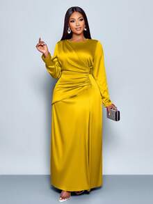 SOLERSUN 女士优雅纯色褶边缎面紧身连衣裙，适合约会派对长款女装 - 芥末黃 - 查看 3