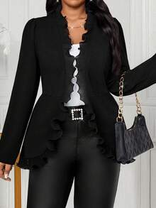 SHEIN Lady 大码女式春秋纯色荷叶边简约西装外套毕业、返校、教师服装女士秋季服装 - 黑色 - 查看 3