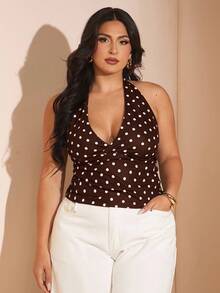 SHEIN BAE Casual Summer Black Polka Dot Printed Halter Neck Top, Suitable For Breakfast, Outings, Dates, Commuting, Cruise Outfits, Ibiza Outfits